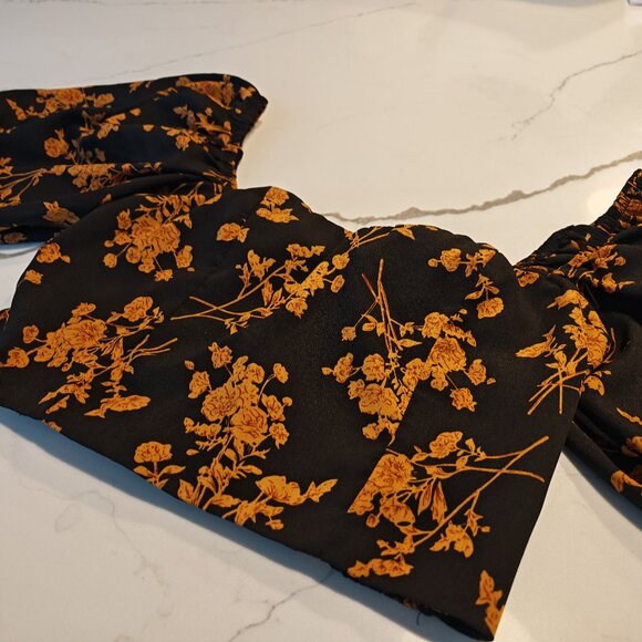 Black Floral Puff Sleeve Crop Top – Square Neck Romantic Cottagecore Size S - Picture 5 of 10